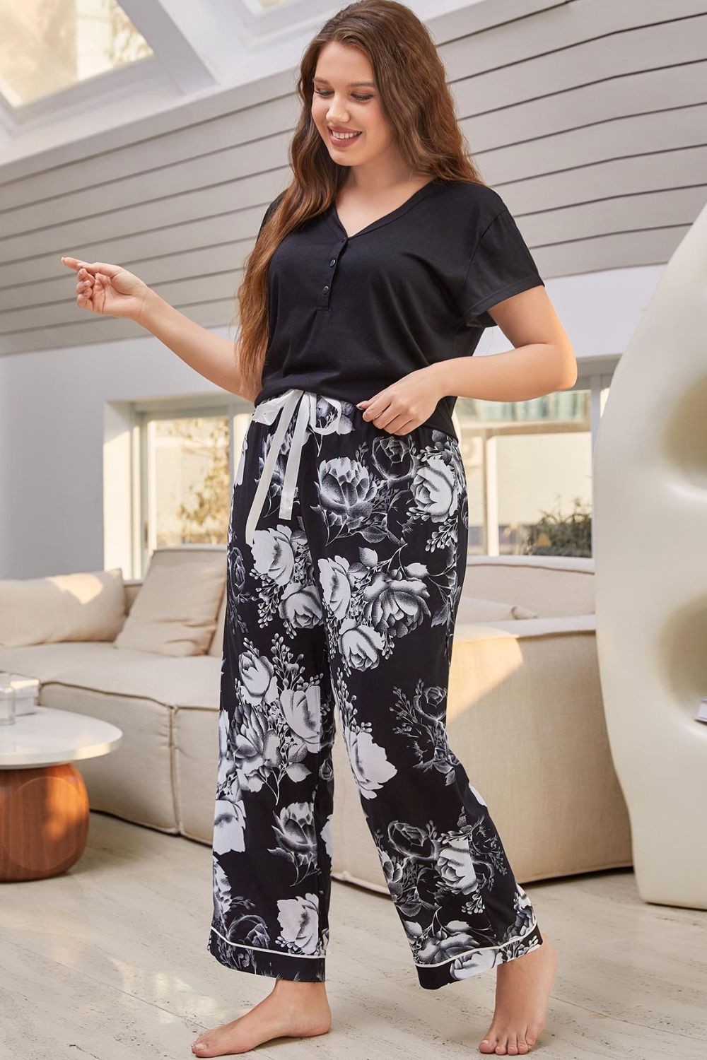 Top and Floral Pants Lounge Set