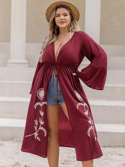 Plus Size Floral Drawstring Flared Sleeve Cardigan