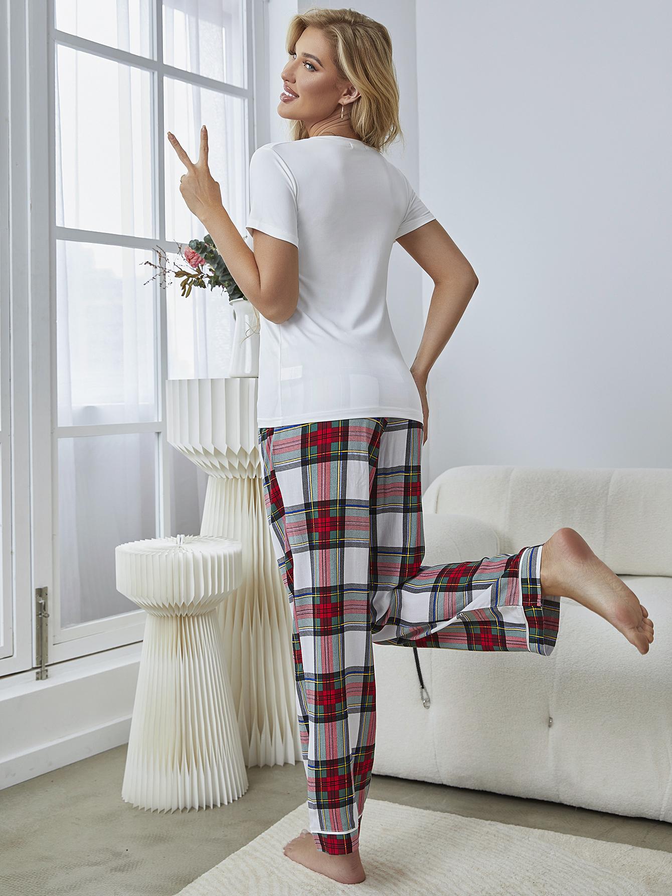 Plaid Pants & Cute Tee Lounge Set