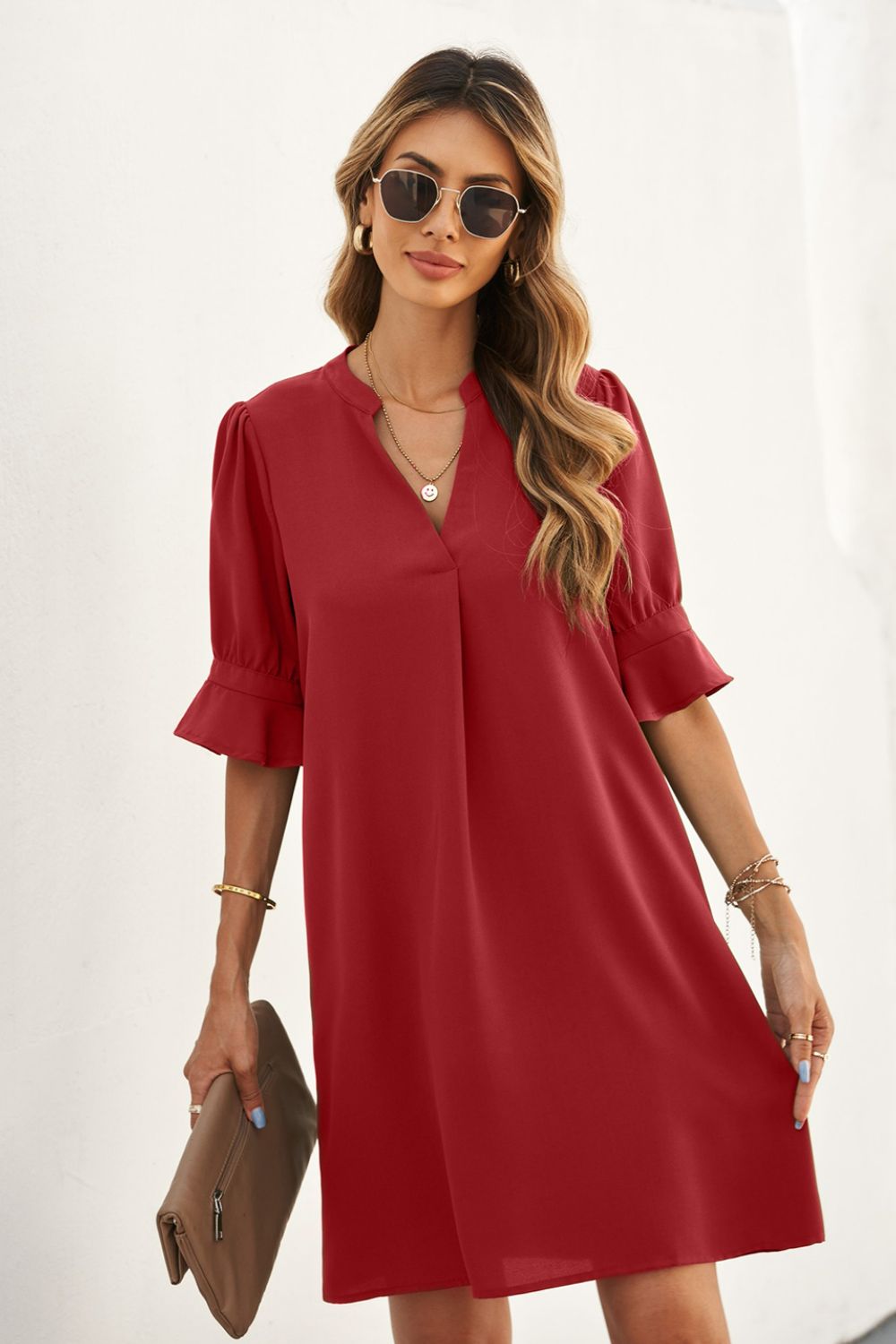 Puff Sleeve Notched Mini Shift Dress