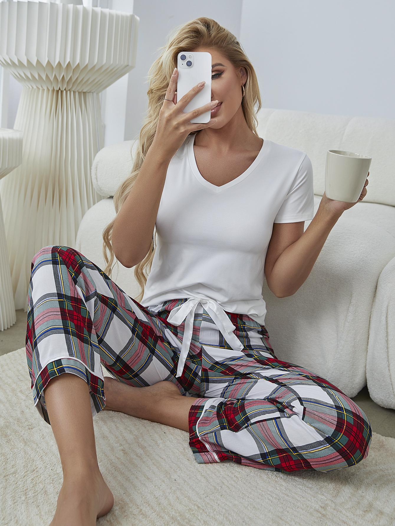 Plaid Pants & Cute Tee Lounge Set